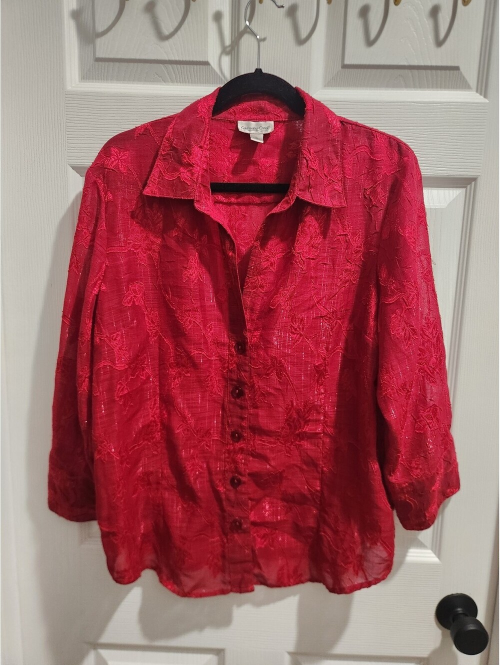 Coldwater Creek Red Floral Embroidered Button-Up Blouse Size L